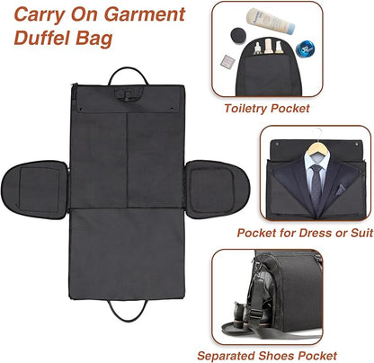 Garment Bag for Travel, Carry On Garment bag, Convertible Duffel Bag with Shoe Compartment, Perfect for Business Trips and Weekend Getaways, Black