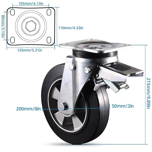 Super Heavy Duty Plate Casters Load 4400Lbs 8 inch Casters Set of 4 Swivel & Fixed Industrial Aluminum Core Elastic Rubber Wheels for Cart Furniture and Workbench Locking Outdoor Dolly Rigid Castors