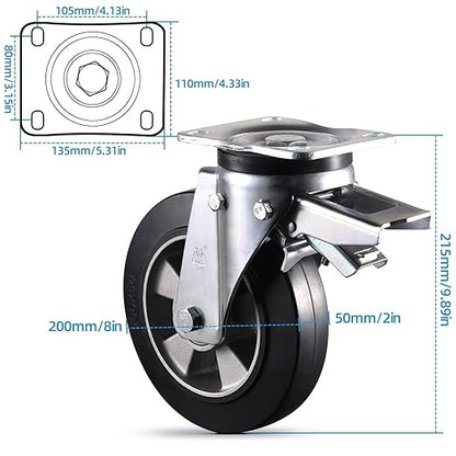 8 inch Casters Set of 4 Super Heavy Duty Plate Casters Swivel Industrial Aluminum Core Elastic Rubber Wheels for Cart Furniture and Workbench Locking Outdoor Dolly Castors Replacement Load 4400Lbs