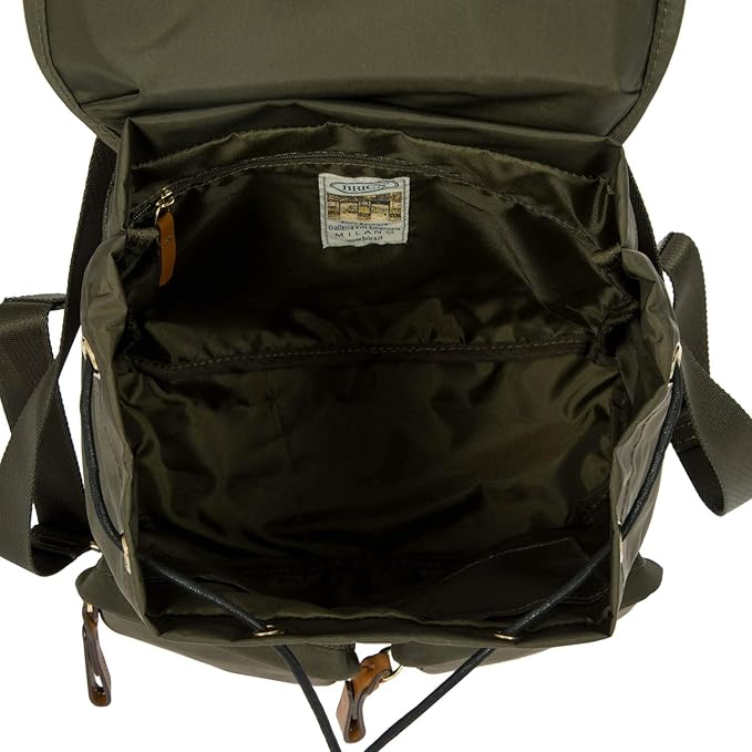 Bric's X-Travel Piccolo City Backpack 10", Water-Resistant Satin Nylon Daypack with Leather Details, Drawstring Closure, Adjustable Straps and Multi-Pocket Organization - Olive