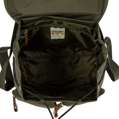 Bric's X-Travel Piccolo City Backpack 10", Water-Resistant Satin Nylon Daypack with Leather Details, Drawstring Closure, Adjustable Straps and Multi-Pocket Organization - Olive