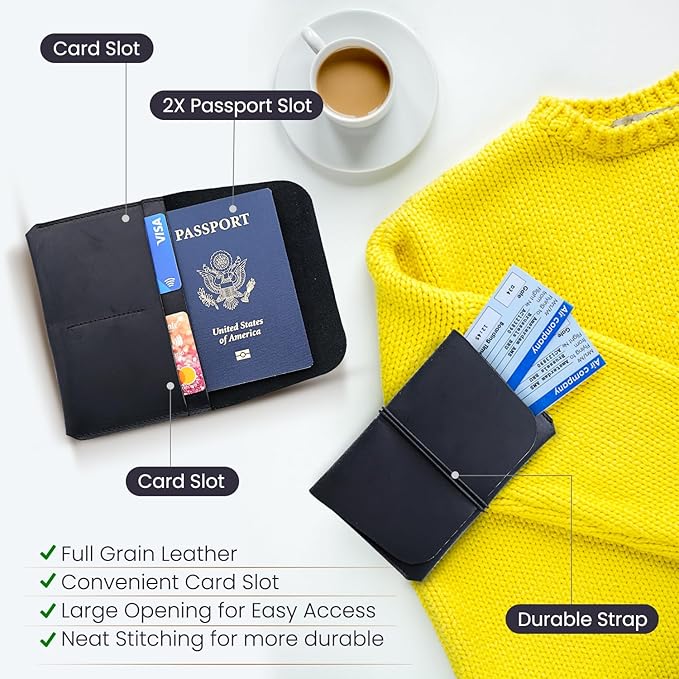 Leather Passport Holder with Travel Wallet, Genuine Leather Passport Cover- Passport Wallet, Leather Folding Wallet for Passports (Strap, Black)