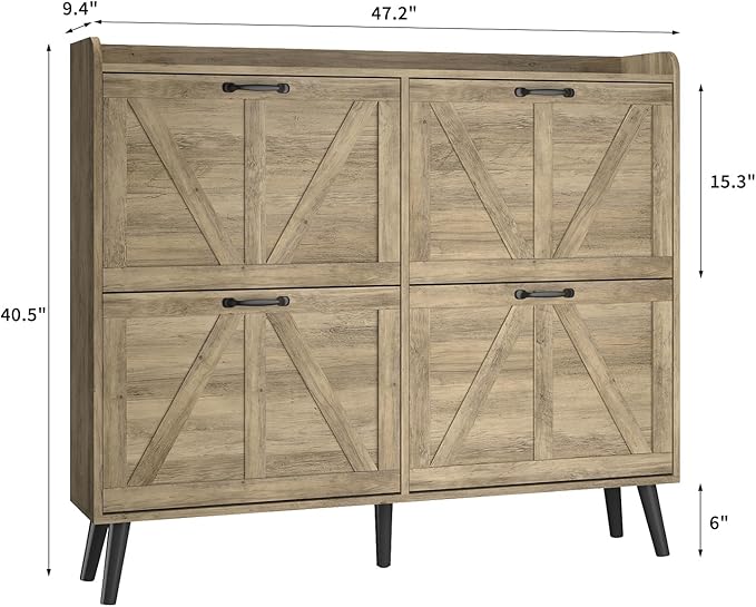 Shoe Cabinet with 4 Flip Drawers, Farmhouse Shoe Cabinet Storage for Entryway Slim, Freestanding Shoe Organizer Hidden Shoe Rack Cabinet with Wooden Legs, Rustic Oak