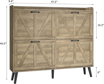 Shoe Cabinet with 4 Flip Drawers, Farmhouse Shoe Cabinet Storage for Entryway Slim, Freestanding Shoe Organizer Hidden Shoe Rack Cabinet with Wooden Legs, Rustic Oak