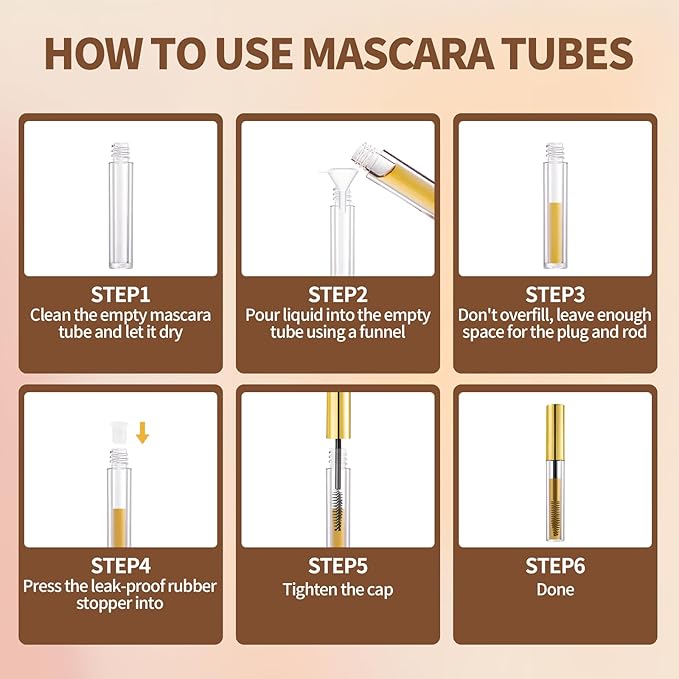16 Pack Empty Mascara Tube 10ml Refillable Bottles with Brush Wand&Funnels,Leakproof Travel Containers for Lash & Brow Serum,Portable for Makeup Artists or Beginners(Gold)