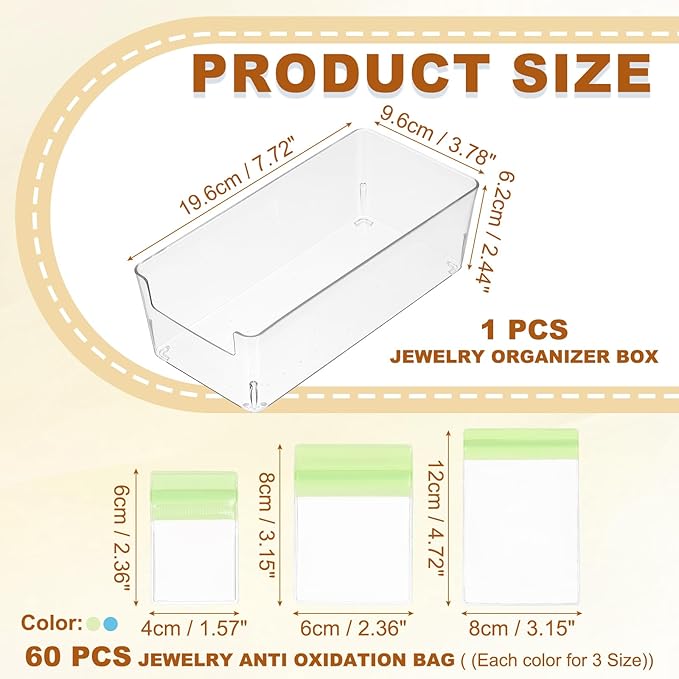 PATIKIL Clear Jewelry Box, Organizer Holder Box with 60 Pcs Portable Anti Tarnish Jewelry Bags, Travel Case for Women Earrings Rings Necklaces Bracelets, Green, Blue 3 Size