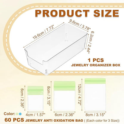 PATIKIL Clear Jewelry Box, Organizer Holder Box with 60 Pcs Portable Anti Tarnish Jewelry Bags, Travel Case for Women Earrings Rings Necklaces Bracelets, Green, Blue 3 Size