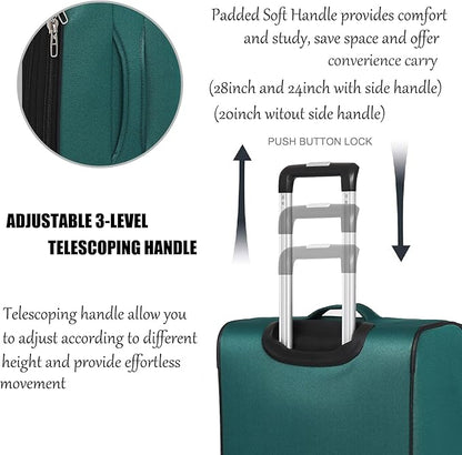 3pcs Set Softside Luggage Sets With Spinner Wheels, Expandable Softshell Suitcase Set, 28inch, 24inch, 20inch luggage with front pocket, Lightweight fabric luggage(GREEN)