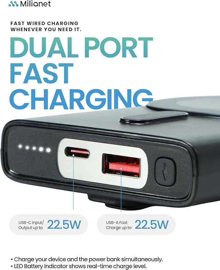 10000mAh Magnetic Power Bank | 15W MagSafe-Compatible Wireless Portable Charger, PD 20W Fast Charging Battery Pack with USB-C, Foldable Stand & 3-in-1 Cable | for iPhone 17/16/15/14/13/12