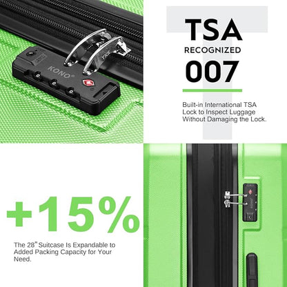Kono 4 Piece Luggage Sets Expandable(only 28") with Spinner Wheels TSA Lock Lightweight PC+ABS Hardside Travel Rolling Suitcases 20in 24in 28in Carry on and 12in Mini Cosmetic Case Apple Green