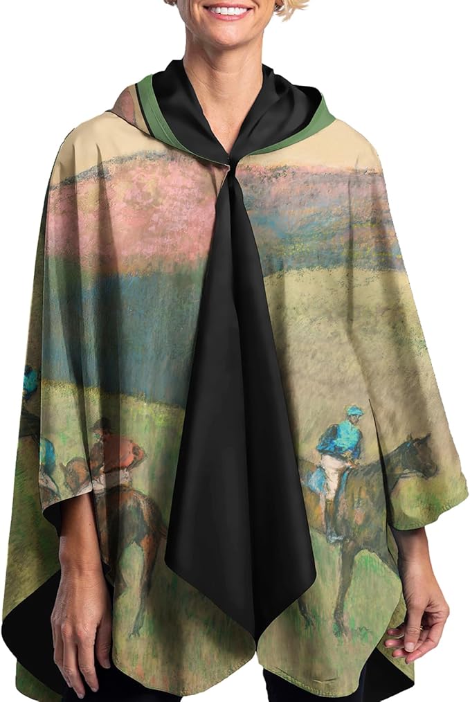 RainCaper Degas Racehorses in a Landscape (1894) Womens Rain Cape Poncho with Hood Reversible