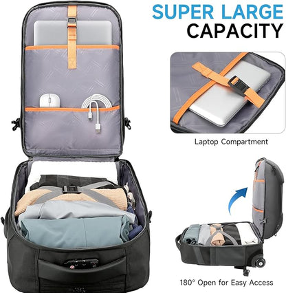 Carry On Backpack,17.3" Travel Backpack with Shoe Compartment,50L Wheeled Backpack Carry On Luggage,Laptop Compartment & USB Charging Port & TSA Approved Lock for Business,Black