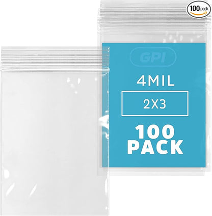 CLEAR PLASTIC REUSABLE ZIP BAGS - Bulk GPI Pack of 100, 2" x 3" 4mil Thick Heavy Duty, Strong & Durable Poly Baggies with Resealable Zip Top Lock For Travel, Storage, Packaging & Shipping.