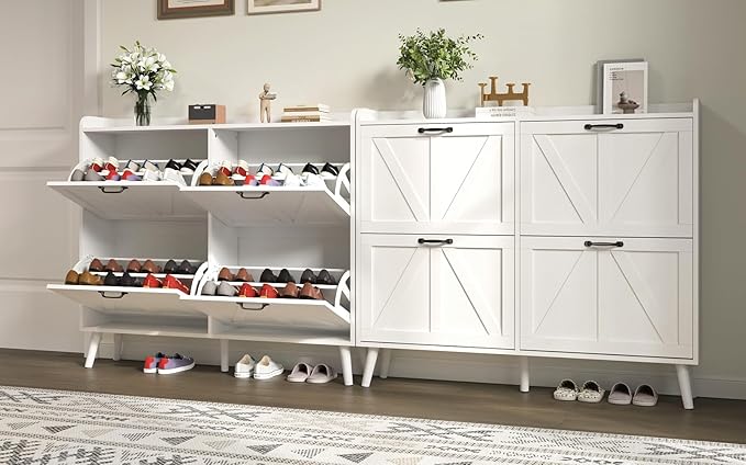Shoe Cabinet with 4 Flip Drawers, Large Hidden Shoe Storage Cabinet Slim, Freestanding Farmhouse Shoe Organizer Cabinet for Entryway, Narrow Shoe Cabinet with Wooden Legs, White