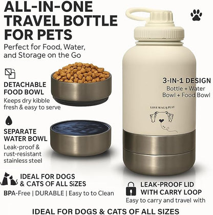 Love Wag & Play Dog Water Bottle Portable – 2 in 1 Stainless Steel Bowl for Food, Water – Leakproof Portable Water Bowl for Dog with Carry Loop – Detachable Design – Ideal for Kibble, Treats (Brown)
