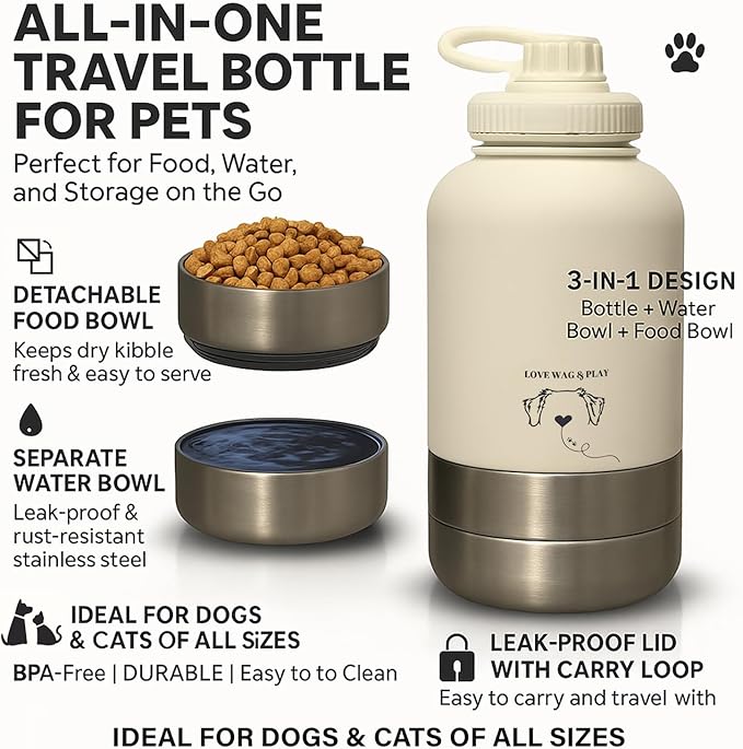 Love Wag & Play Dog Water Bottle Portable – 2 in 1 Stainless Steel Bowl for Food, Water – Leakproof Portable Water Bowl for Dog with Carry Loop – Detachable Design – Ideal for Kibble, Treats – Green