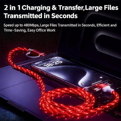 USB Cable PD Fast Charger Lighted Up(USB 6IN1 Starry Red) Mobile Phone Data Cable,Fast Charging Cable,TPE Material,Compatible with Almost All Devices.