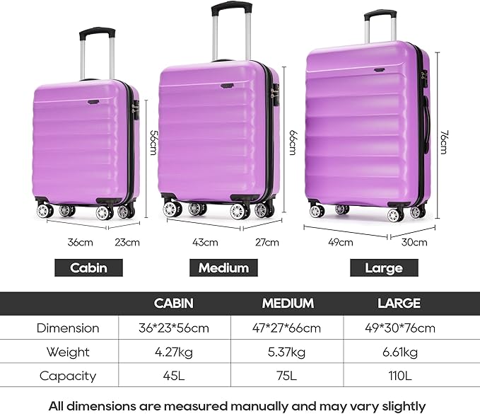 GinzaTravel 3-piece expandable luggage sets with Spinner Wheels， ABS hardshell Suitcase with TSA Lock，Large Luggage for Family Travel & carry on 20/24/28，Purple color
