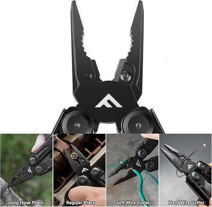 FLISSA 15-in-1 Multi-tool Pliers with Sheath, Portable Pocket Knife with Safety Locking System, Belt Clip and Sheath for Outdoors, Survival, Camping, Fishing, Hunting – Ideal Christmas Gift for Man