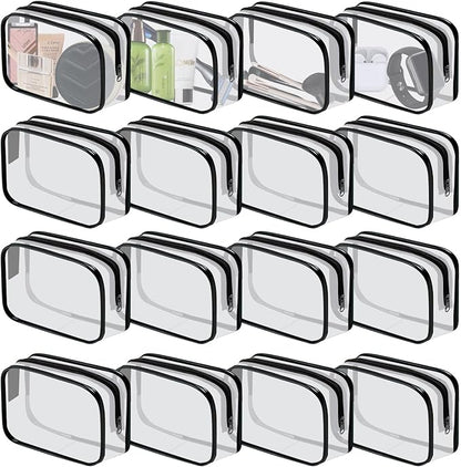 16 Pieces Clear Cosmetic Bags PVC Clear Makeup Bags TSA Approved Toiletry Bag with Zipper Waterproof Vinyl Plastic Organizer Storage Transparent Pouch for Women and Men (Black, Small)