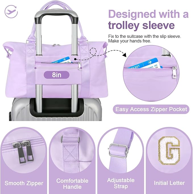Dance Gym Duffel Bag for Teen Girls, Personalized Initial Travel Weekender Bag,Cute Overnight Carry On Duffle for Women,Sports Travel Cheer Bag,Monogram Christmas Gifts for Tween Preppy(purple-G)