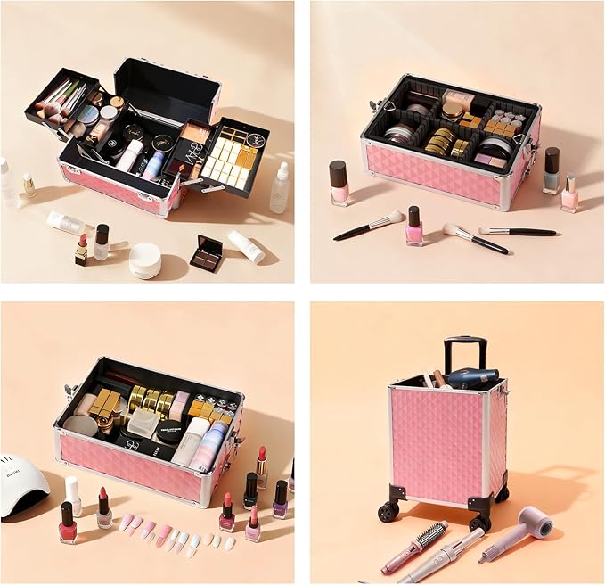Professional Rolling Makeup Case, Cosmetology Case on Wheels 4 in 1 Large Cosmetic Train Case, Ideal Gift for Hairstylist, Nail Techs, Portable Beauty Organizer for Travel or Salon Use,pink