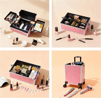 Professional Rolling Makeup Case, Cosmetology Case on Wheels 4 in 1 Large Cosmetic Train Case, Ideal Gift for Hairstylist, Nail Techs, Portable Beauty Organizer for Travel or Salon Use,pink