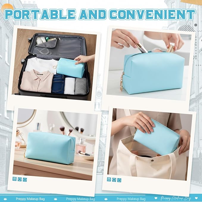 Chunful 24 Pcs Preppy Makeup Bag PU Leather Cosmetic Bag Bulk Makeup Plain Pouch Waterproof Toiletry Purse for Women Traveling Preppy Pencil Case Travel Purse Cosmetic (Blue)