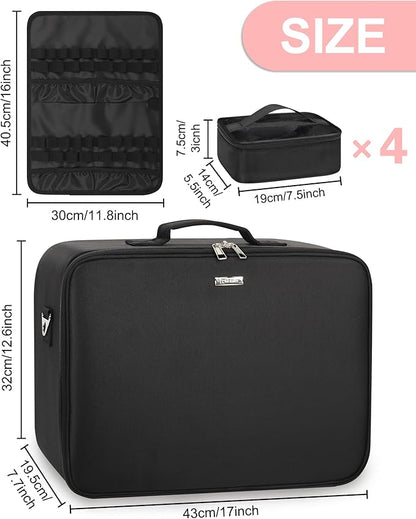 Relavel Extra Large Makeup Case Professional Cosmetic Storage Organizer Box Brush Holder with 4 Clear Set Bags & Lipstick Plate for Makeup Artists with Shoulder Strap & Adjustable Dividers