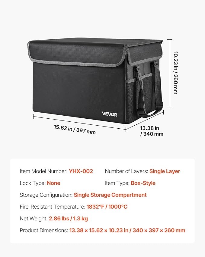 VEVOR Fireproof Document Box, 1832 ℉ Heat Insulated Fireproof & Waterproof Box, Space-Saving and Foldable Design, Portable Home Office Travel File Organizer, for Passports, Important Documents, Files