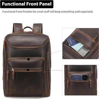 LANNSYNE Full Grain Leather Backpack For Men, 17" Laptop Backpack, Casual Outdoor Business Travel Rucksack, YKK Zippers