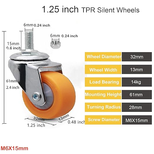 1.25" M6x15 Stem Casters Bolt Threaded Wheels,TPR Mute Rubber Swivel Single Caster Screws in Wheel Small with 2 Brake Locks-Orange