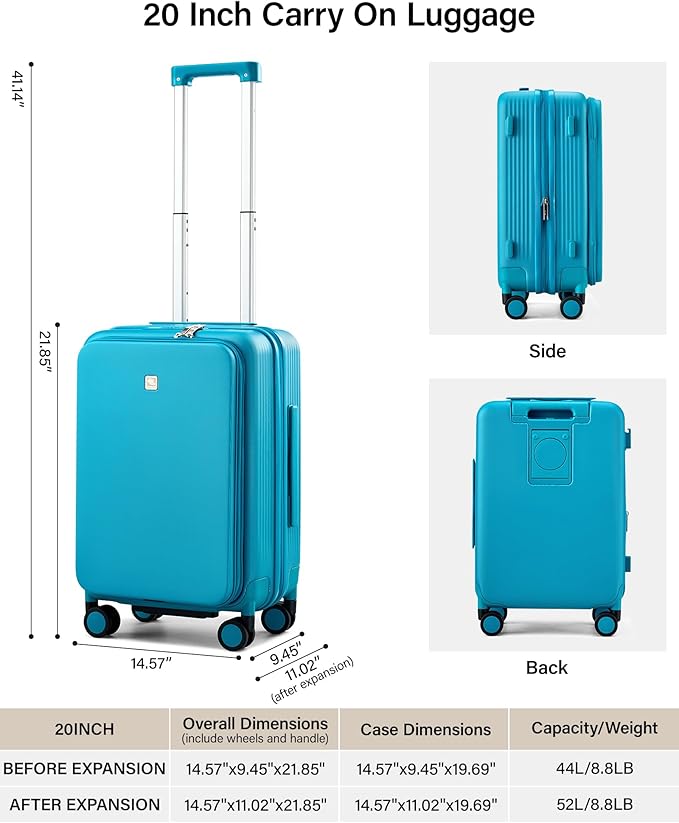 Hanke 20 Inch Expandable Carry On Luggage Airline Approved Top Opening Travel Luggage Rolling Suitcase with Cup Holder Hard Shell Suitcases with Wheels (Caribbean Blue)
