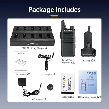 Retevis RT22 Walkie Talkies for Adults(20 Pack),Rechargeable 2 Way Radio Long Range,with 2 Pack 10 Way Gang Charger,Charging Efficiently,Hands-Free Portable Walkie Talkie for School Hotel Restaurant