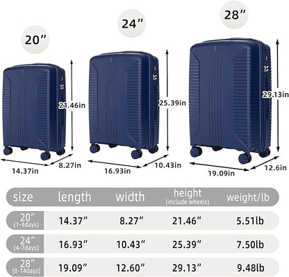 Campfun 3 Piece Luggage Sets, PP Suitcase Set with Double Spinner Wheels Hang Hook, Durable Carry On Luggage with Combination Lock, 20/24/28 inch, Blue