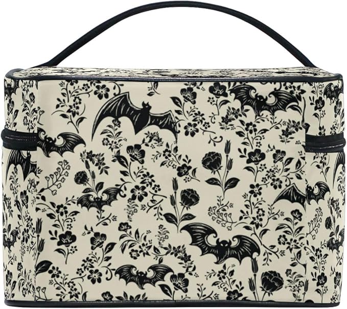 Makeup Train Case Bat Retro Flower Korean Carrying Portable Zip Travel Cosmetic Brush Bag Organizer Large for Girls Women