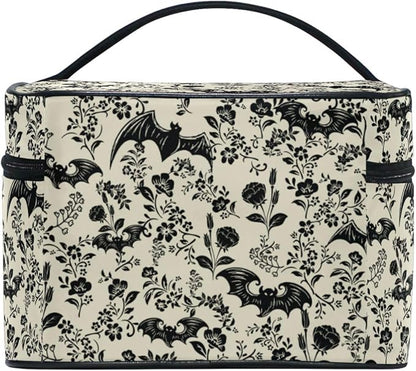 Makeup Train Case Bat Retro Flower Korean Carrying Portable Zip Travel Cosmetic Brush Bag Organizer Large for Girls Women