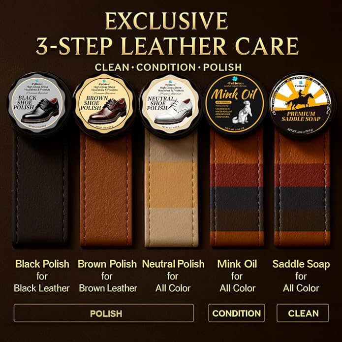 16-in-1 Shoe Polish Kit – Black/Brown/Neutral Shoe Wax, Saddle Soap & Mink Oil (5×2.1oz) – 3 Horsehair Brushes – Leather Shoe Shine & Care Kit in Luxury Leather Bag – Gift for Men & Women