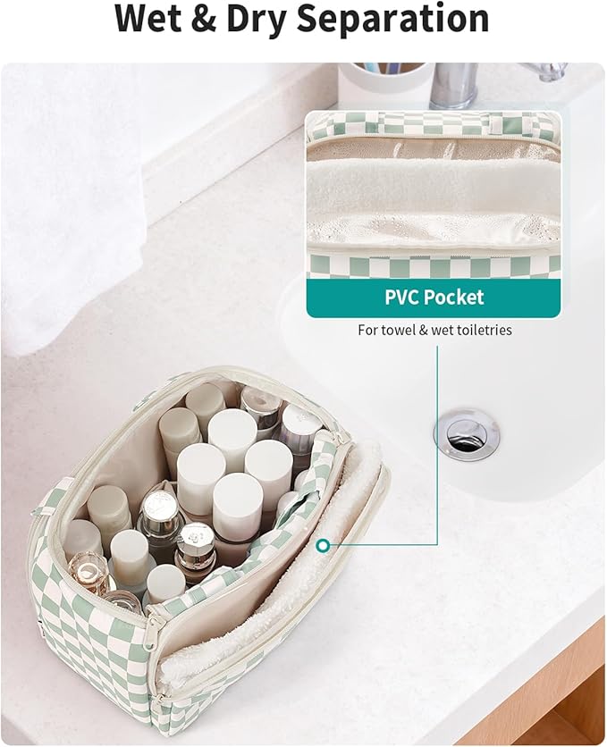 Narwey Large Travel Toiletry Bag, Wide-open Travel Bag for Toiletries, Toiletry Bags for Traveling Women, Cosmetic Make Up Makeup Bag Organizer with Wet Pocket, Skincare Bag (Mint Green Checkerboard)
