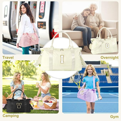 Dance Gym Duffel Bag for Teen Girls, Personalized Initial Travel Weekender Bag,Cute Overnight Carry On Duffle for Women,Sports Travel Cheer Bag,Monogram Christmas Gifts for Tween Preppy(beige-I)