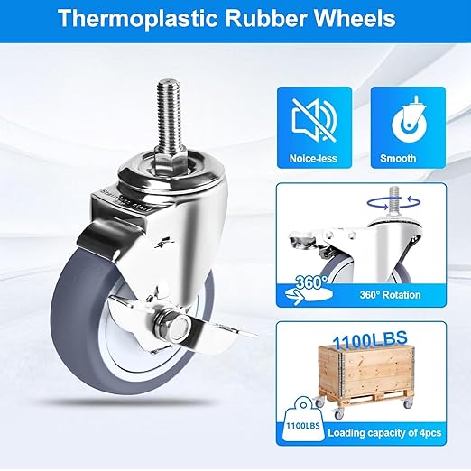 4 inch Stainless Steel Caster Wheels Heavy Duty, 3/8"-16x1 Threaded Stem Casters with Side Brake, Rust Resistant, Non-Marking TPR Rubber Wheels for Hospital, Lab,Furniture,Restaurant