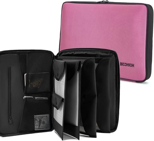 Portable Document Bag, Important Document Organizer, Storage Pouch File Folder for Important Papers, Emergency Binder, Birth Certificates, Social Security Cards, Passports, Photos (Pink)