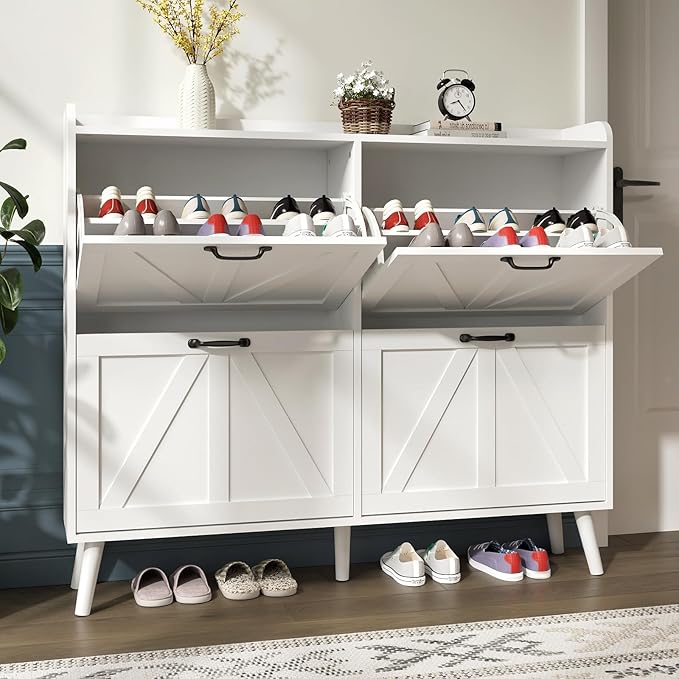 Shoe Cabinet with 4 Flip Drawers, Large Hidden Shoe Storage Cabinet Slim, Freestanding Farmhouse Shoe Organizer Cabinet for Entryway, Narrow Shoe Cabinet with Wooden Legs, White
