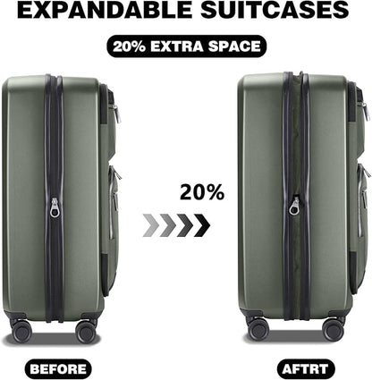 Luggage Sets 2 Piece, Carry On Luggage with Front Pocket & USB Port and 28 Inch Expandable Checked Luggage, Hybrid Soft Front & Hard Shell Suitcases with Spinner Wheels & TSA Lock, Green