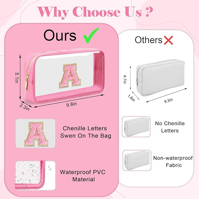 Personalized Initial Letter Clear Makeup Bag,Preppy Small Nylon&PVC Cosmetic Zipper Bag with Chenille Letter,Portable Beach Travel Skincare Toiletry Bag,Trendy Monogram Gift for Teen Girls Women,Q