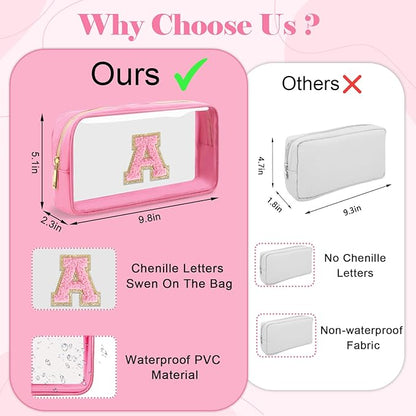Personalized Initial Letter Clear Makeup Bag,Preppy Small Nylon&PVC Cosmetic Zipper Bag with Chenille Letter,Portable Beach Travel Skincare Toiletry Bag,Trendy Monogram Gift for Teen Girls Women,E