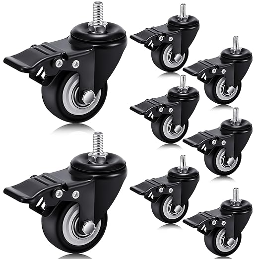 Set of 8 M8 Caster Wheels 2 Inch M8 x 15 mm Swivel Threaded Stem Caster Locking Standing Desk Wheels Heavy Duty 360° Polyurethane with Dual Brake, No Noise, 400 lb for Cart Desk Furniture