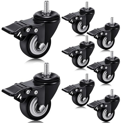 Set of 8 M8 Caster Wheels 2 Inch M8 x 15 mm Swivel Threaded Stem Caster Locking Standing Desk Wheels Heavy Duty 360° Polyurethane with Dual Brake, No Noise, 400 lb for Cart Desk Furniture