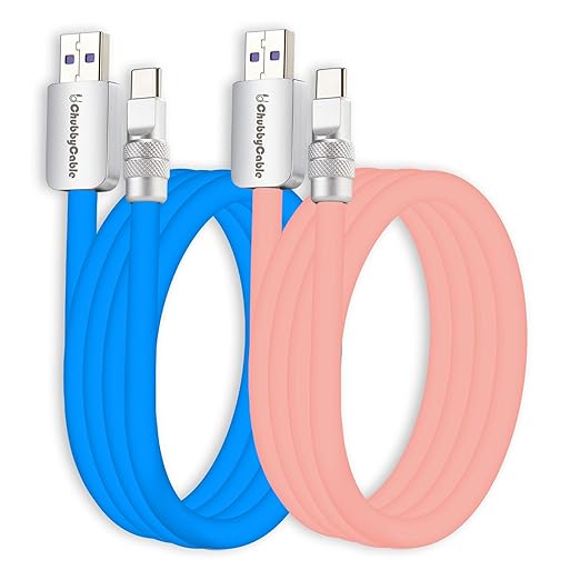 chubbycable Couple Chubby 2-Pack 120W USB C Cable Extra Thick Silicone Fast Charging Cable Compatible with iPhone 17-15 Series iPad Galaxy Series, Blue+Pink, USB-A to Type-C, 6.6FT