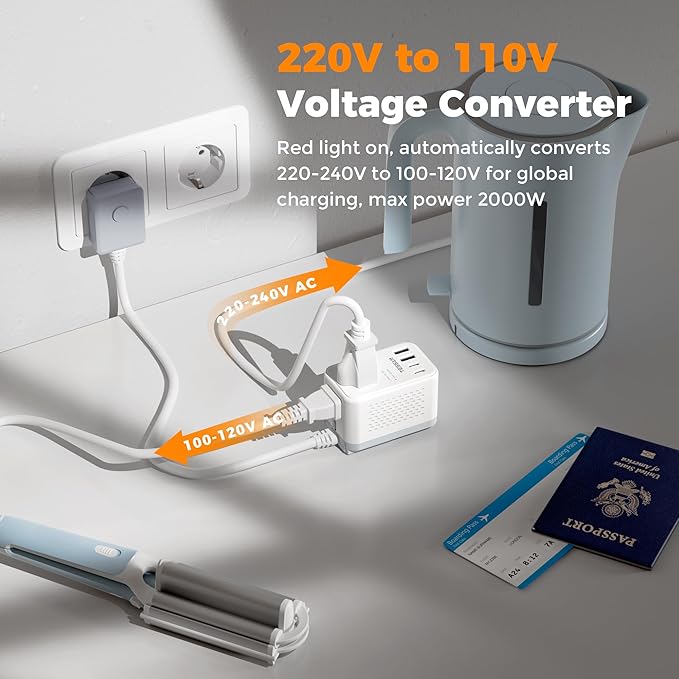 TESSAN 220 to 110 Voltage Converter US to Europe, International Travel Power Adapter with 4 USB Ports(2 USB C), 2 AC and EU/UK/AU Plug Universal Power Converter Adapter Combo, Step Down Transformer